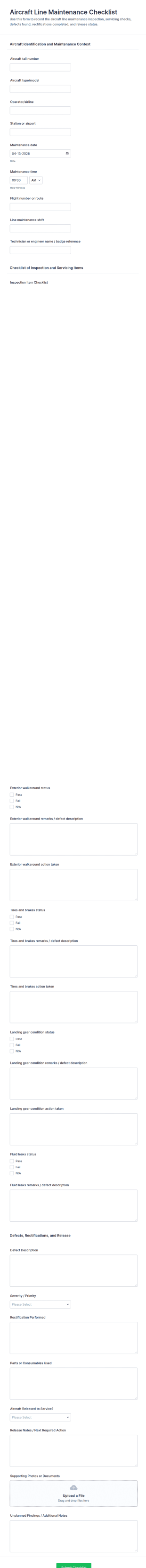 Aircraft Line Maintenance Checklist Form Template