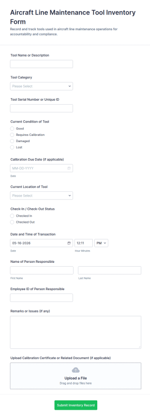 Aircraft Line Maintenance Tool Inventory Form Template