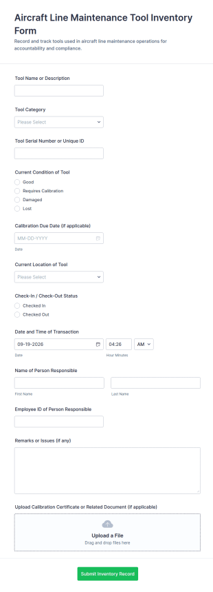 Aircraft Line Maintenance Tool Inventory Form Template