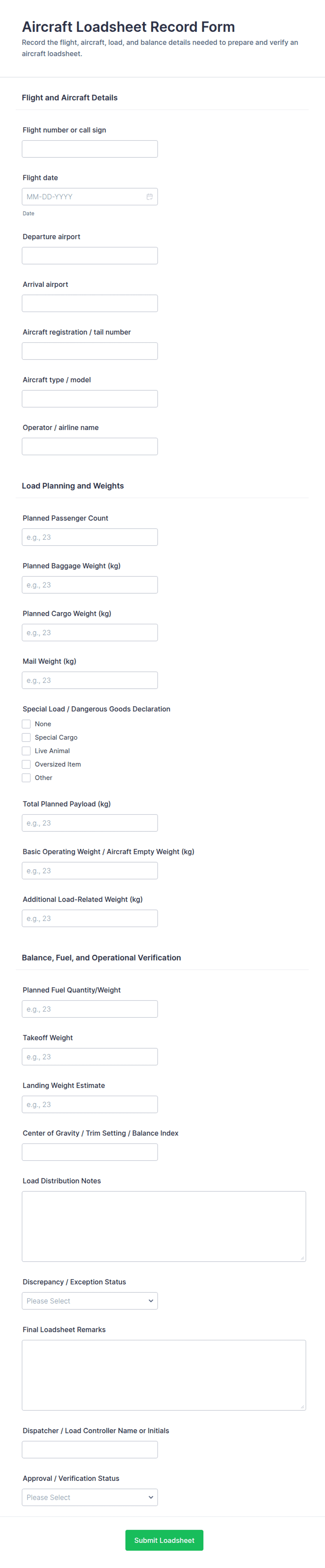 Aircraft Loadsheet Record Form Template | Jotform