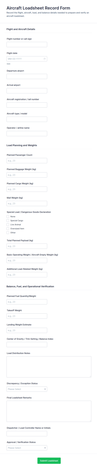 Aircraft Loadsheet Record Form Template