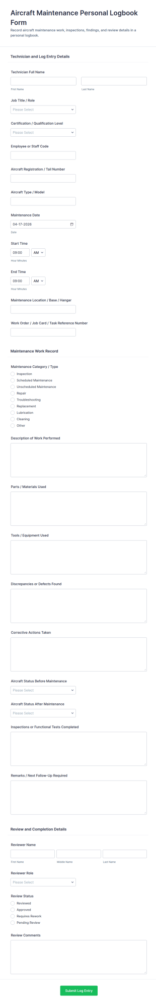 Aircraft Maintenance Personal Logbook Form Template