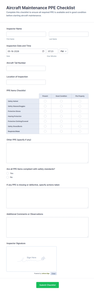Aircraft Maintenance PPE Checklist Form Template