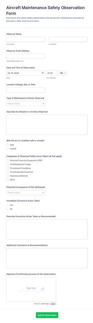 Aircraft Maintenance Safety Observation Form Template
