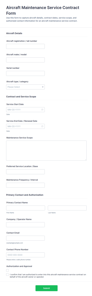Aircraft Maintenance Service Contract Form Template