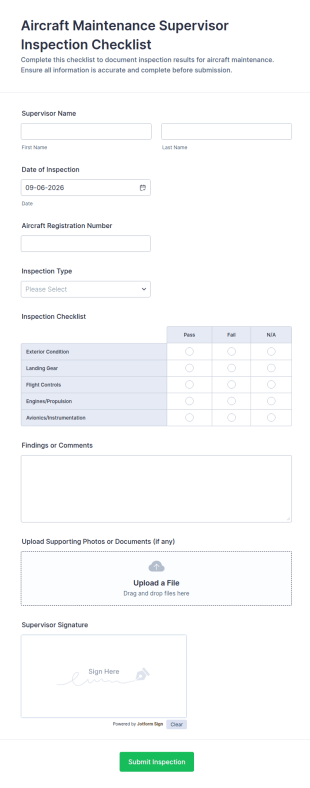 Aircraft Maintenance Supervisor Inspection Checklist Form Template