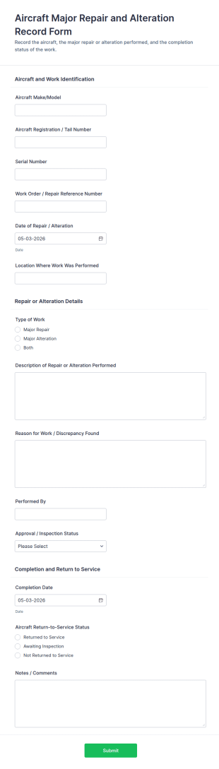 Aircraft Major Repair And Alteration Record Form Template