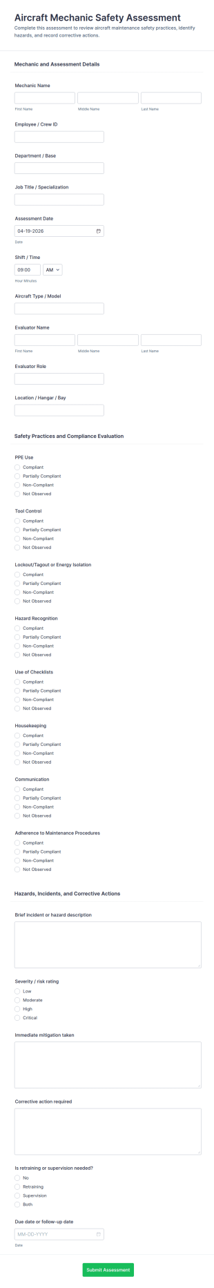 Aircraft Mechanic Safety Assessment Form Template