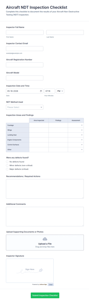 Aircraft Non Destructive Testing (NDT) Inspection Checklist Form Template