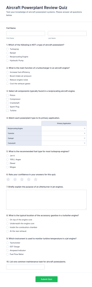 Aircraft Powerplant Review Quiz Form Template
