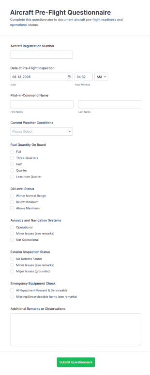 Aircraft Pre Flight Questionnaire Form Template