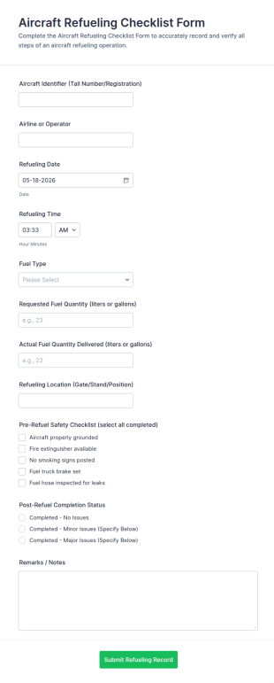 Aircraft Refueling Checklist Form Template
