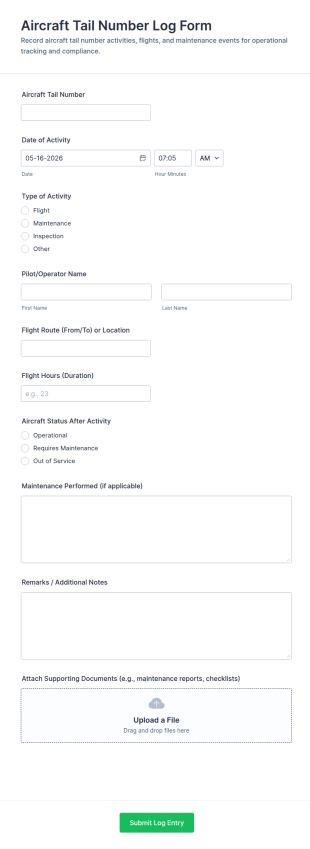 Aircraft Tail Number Log Form Template