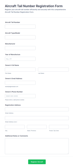 Aircraft Tail Number Registration Form Template