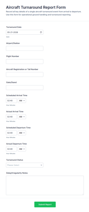 Aircraft Turnaround Report Form Template