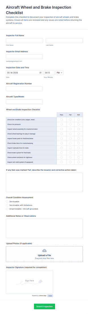 Aircraft Wheel And Brake Inspection Checklist Form Template