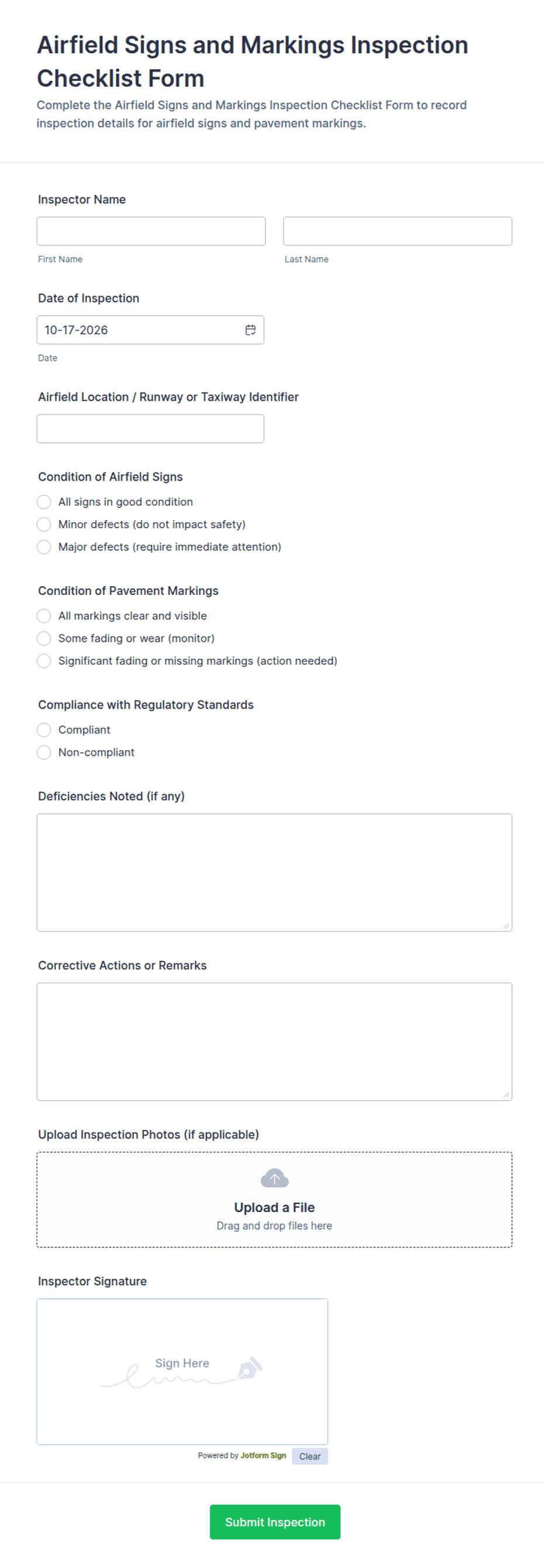 Airfield Signs and Markings Inspection Checklist Form Template | Jotform