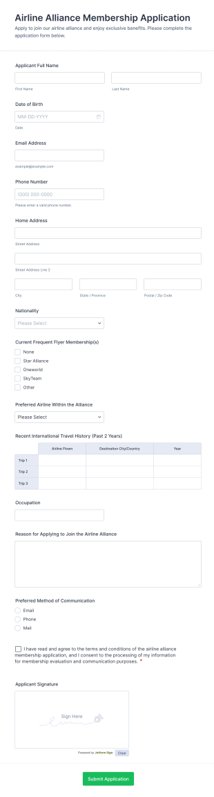 Airline Alliance Membership Application Form Template