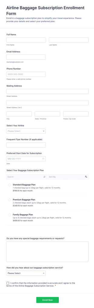 Airline Baggage Subscription Enrollment Form Template