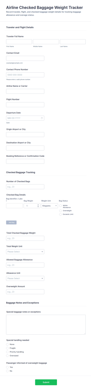 Airline Checked Baggage Weight Tracker Form Template