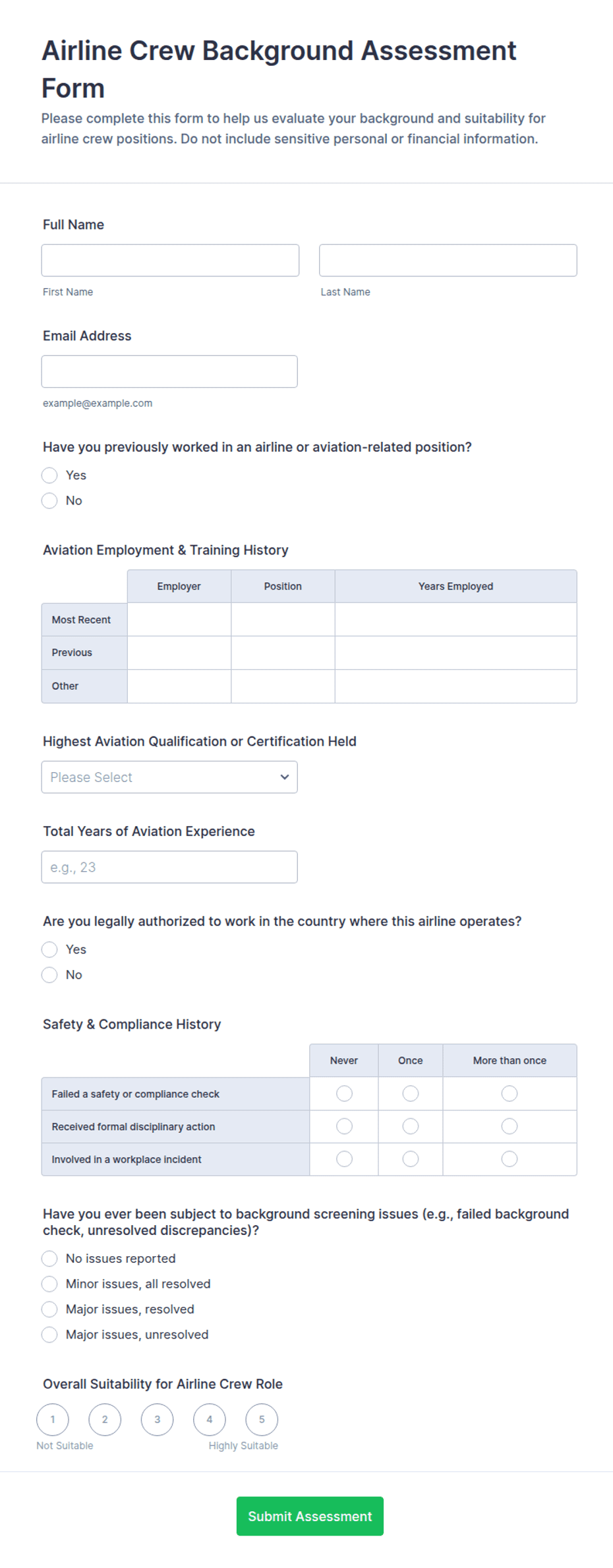 Airline Crew Background Assessment Form Template | Jotform