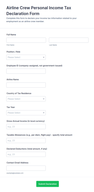 Airline Crew Personal Income Tax Declaration Form Template