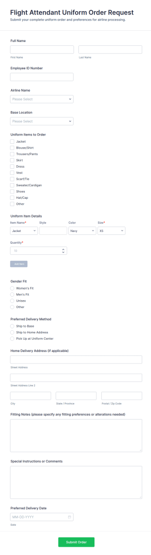 Airline Flight Attendant Uniform Order Request Form Template