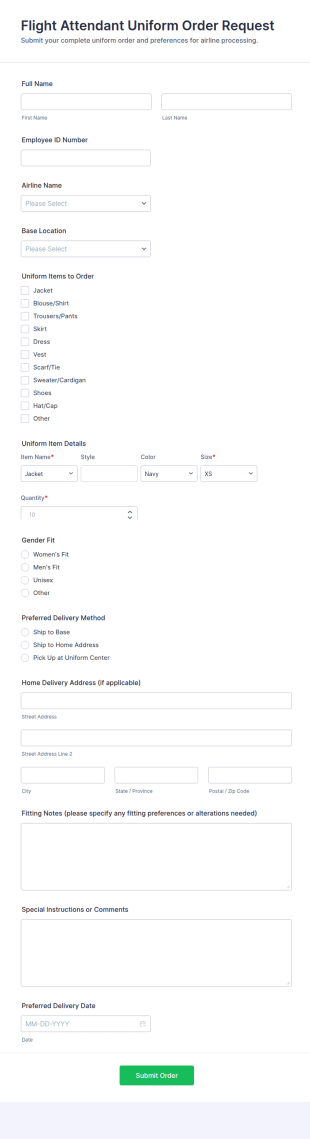Airline Flight Attendant Uniform Order Request Form Template