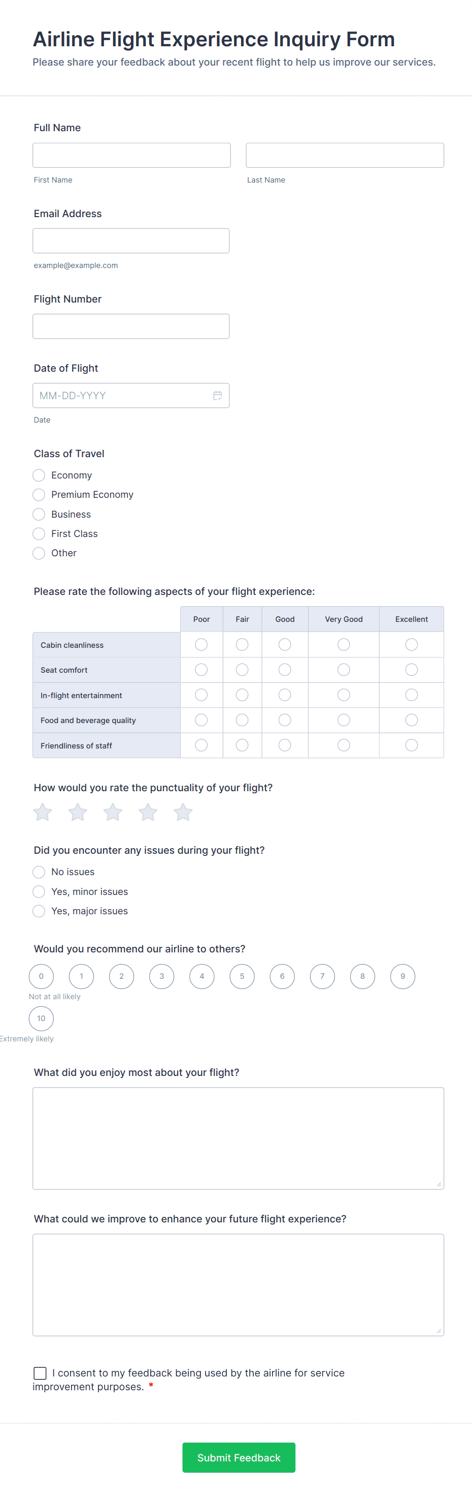 Airline Flight Experience Inquiry Form Form Template | Jotform