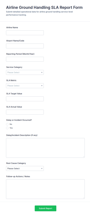 Airline Ground Handling SLA Report Form Template