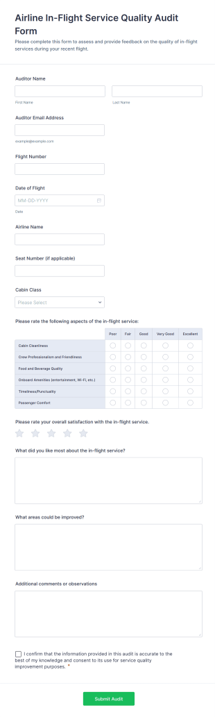 Airline In Flight Service Quality Audit Form Template