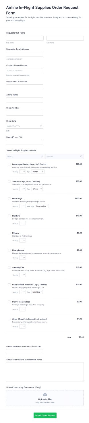 Airline In Flight Supplies Order Request Form Template