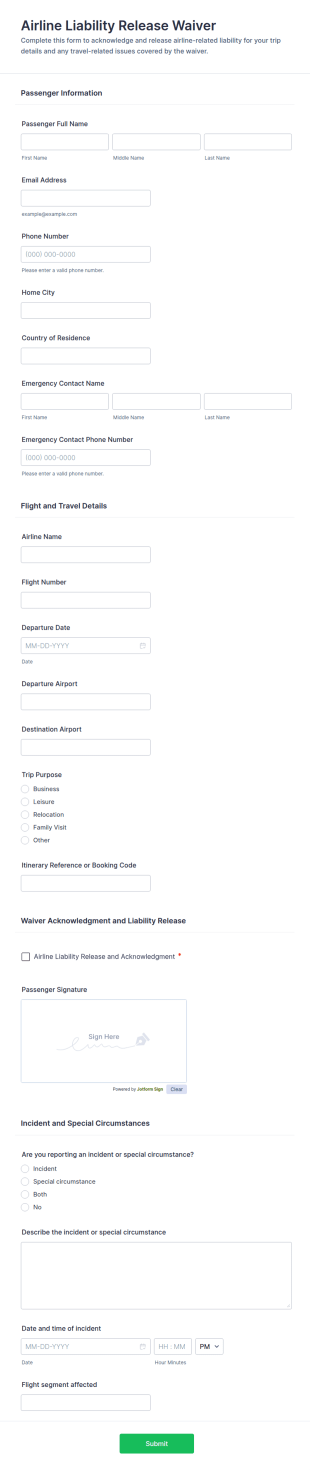 Airline Liability Release Waiver Form Template