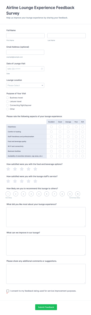 Airline Lounge Experience Feedback Survey Form Template