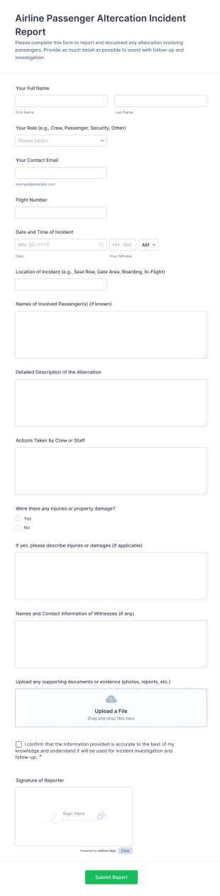 Airline Passenger Altercation Incident Report Form Template