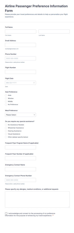 Airline Passenger Preference Information Form Template