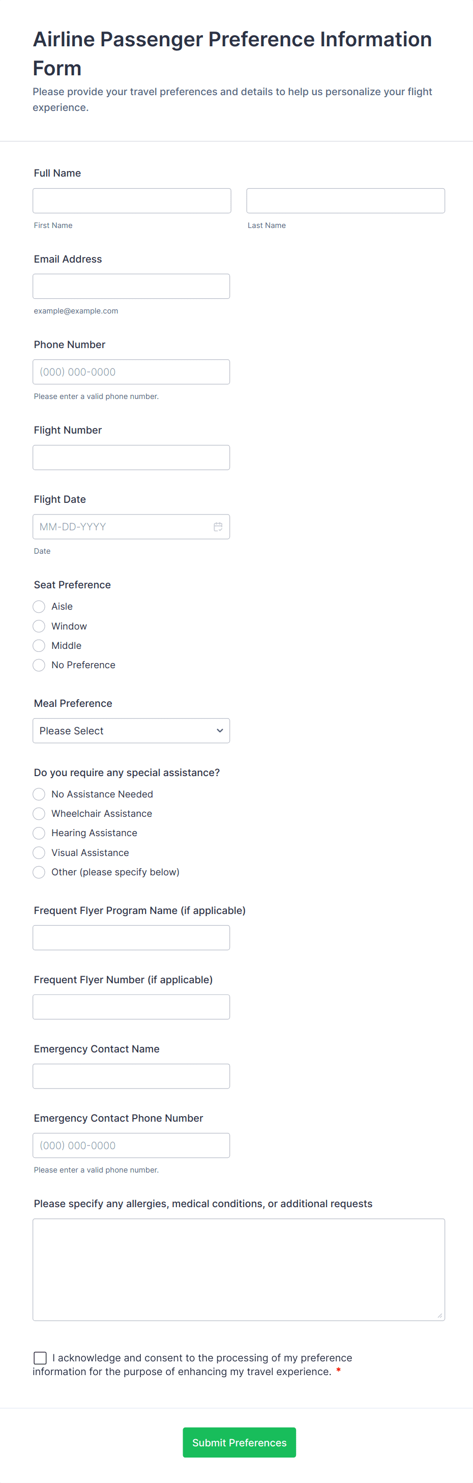 Airline Passenger Preference Information Form Template | Jotform