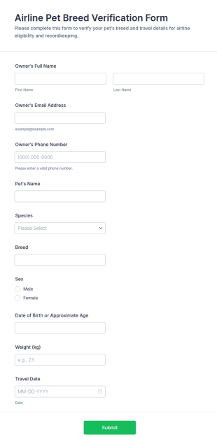 Airline Pet Breed Verification Form Template