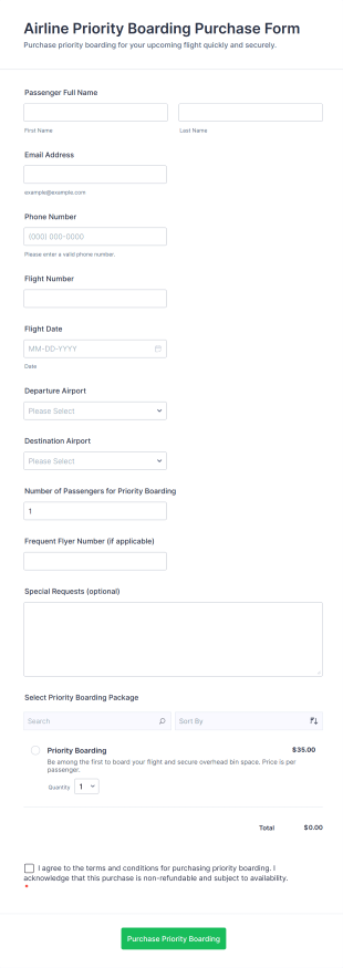 Airline Priority Boarding Purchase Form Template