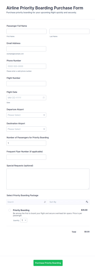 Airline Priority Boarding Purchase Form Template