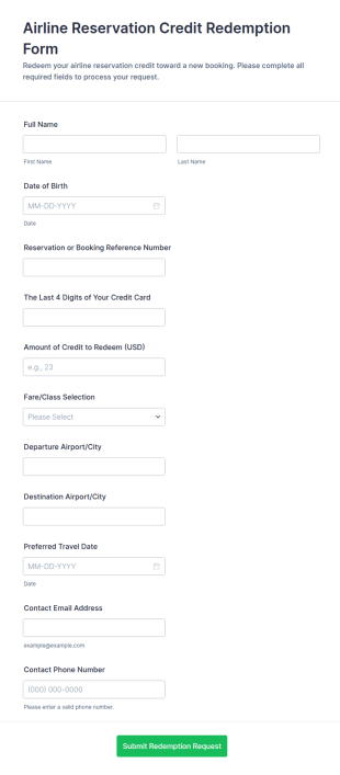 Airline Reservation Credit Redemption Form Template