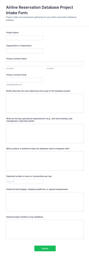 Airline Reservation Database Project Intake Form Template