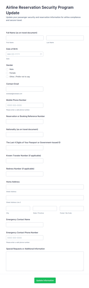 Airline Reservation Security Program Update Form Template