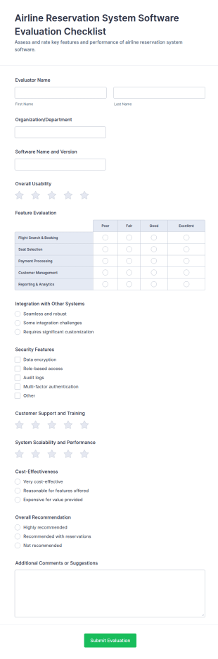 Airline Reservation System Software Evaluation Checklist Form Template