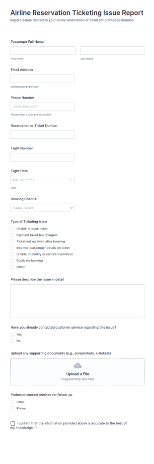 Airline Reservation Ticketing Issue Report Form Template