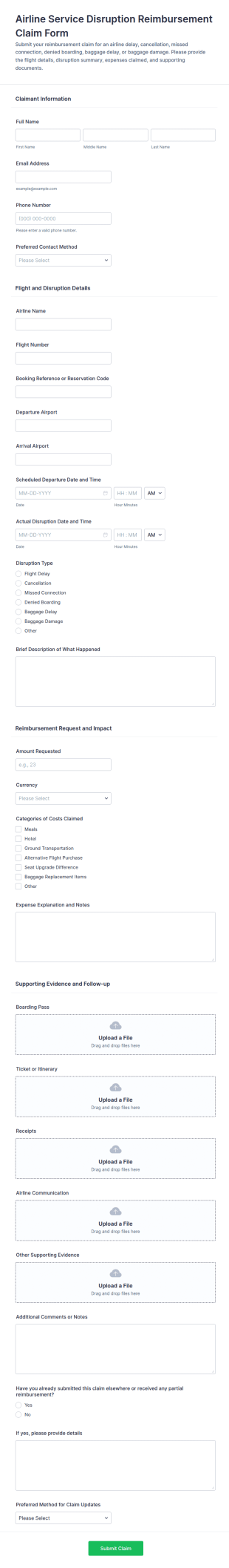 Airline Service Disruption Reimbursement Claim Form Template