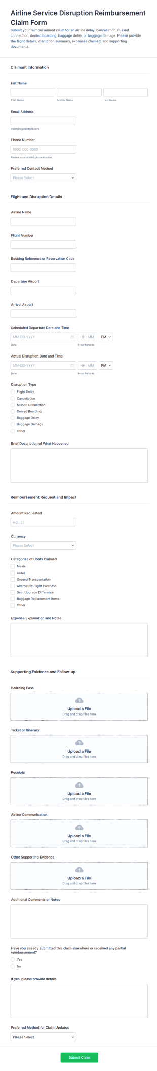 Airline Service Disruption Reimbursement Claim Form Template