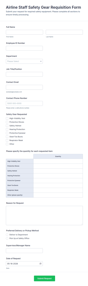 Airline Staff Safety Gear Requisition Form Template