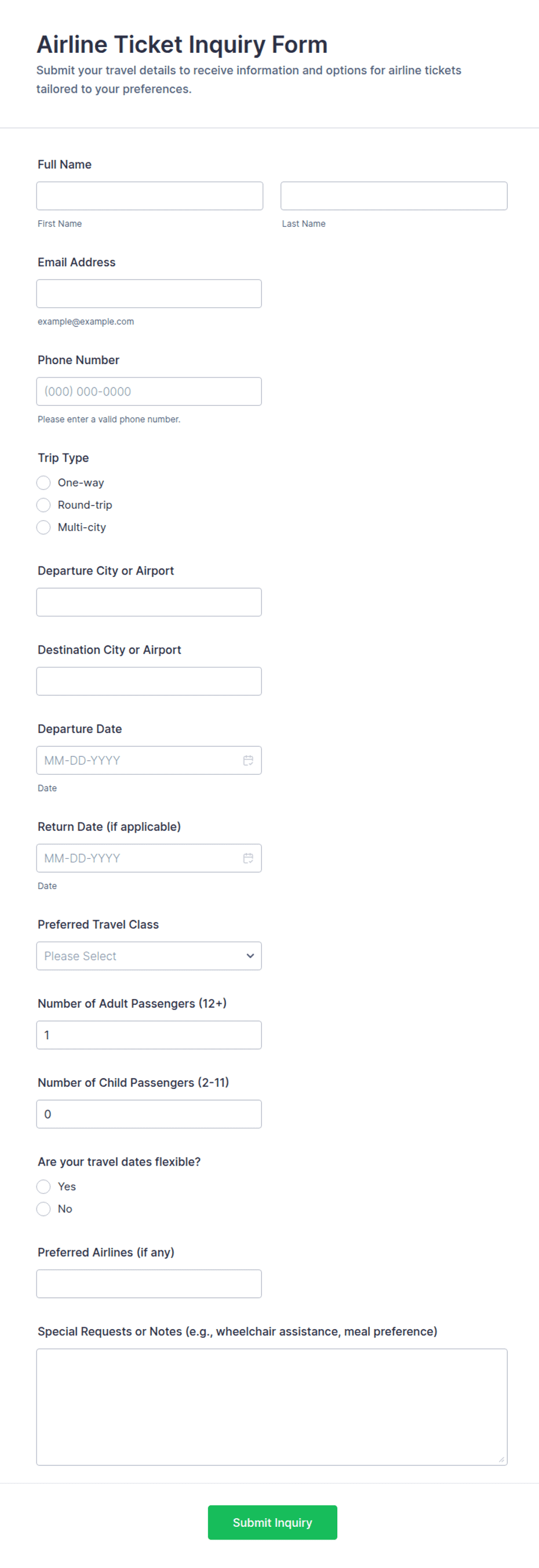 Airline Ticket Inquiry Form Template | Jotform