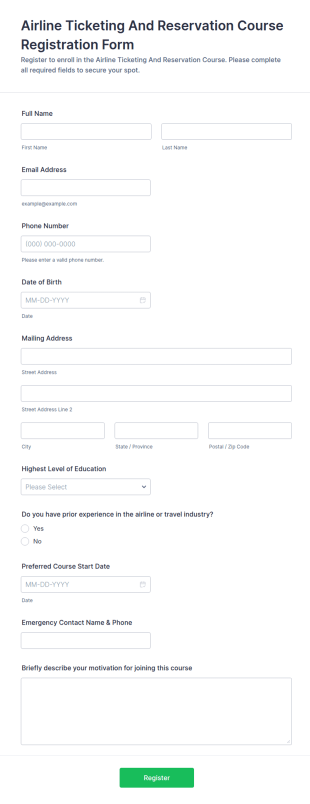 Airline Ticketing And Reservation Course Registration Form Template
